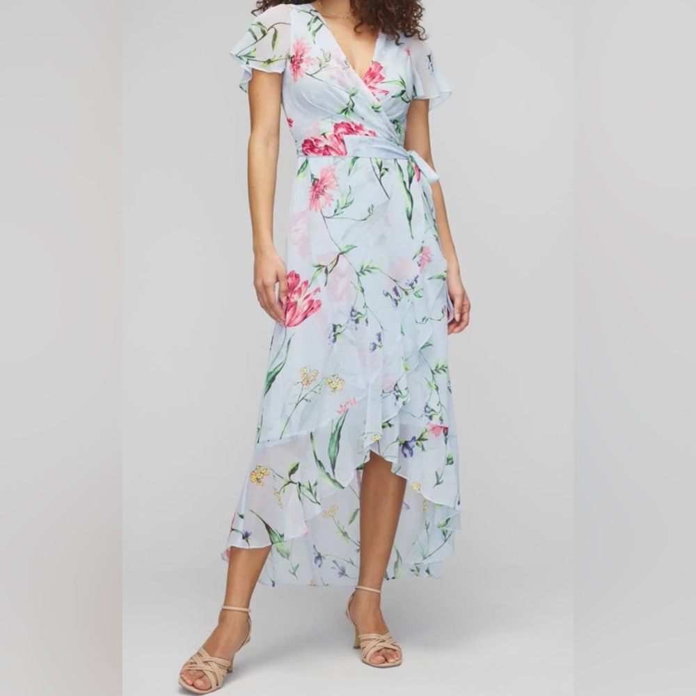 White House Black Market Light Blue Floral Wrap Midi Dress